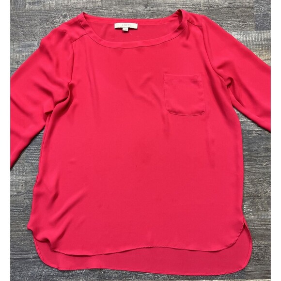 Ann Taylor LOFT Size M Solid Hot Pink Long Sleeve Boat Neck Pullover Blouse - Picture 6 of 11